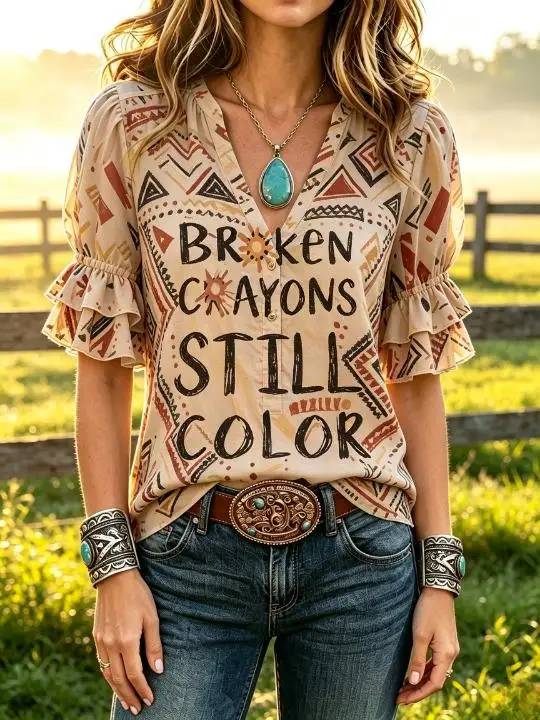 Ladies Cowgirl Boho Shirt Notched V‑Neck Half Button Double Ruffle Short Sleeve Slogan Graphic Loose All‑Over Print  Blouse