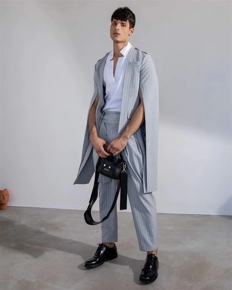 Pinstripe Grey Men Suit Set 2 Piece Blazer+Pants Trousers Split Sleeve Customized Formal Office Jacket Wedding Tuxedos Prom Coat