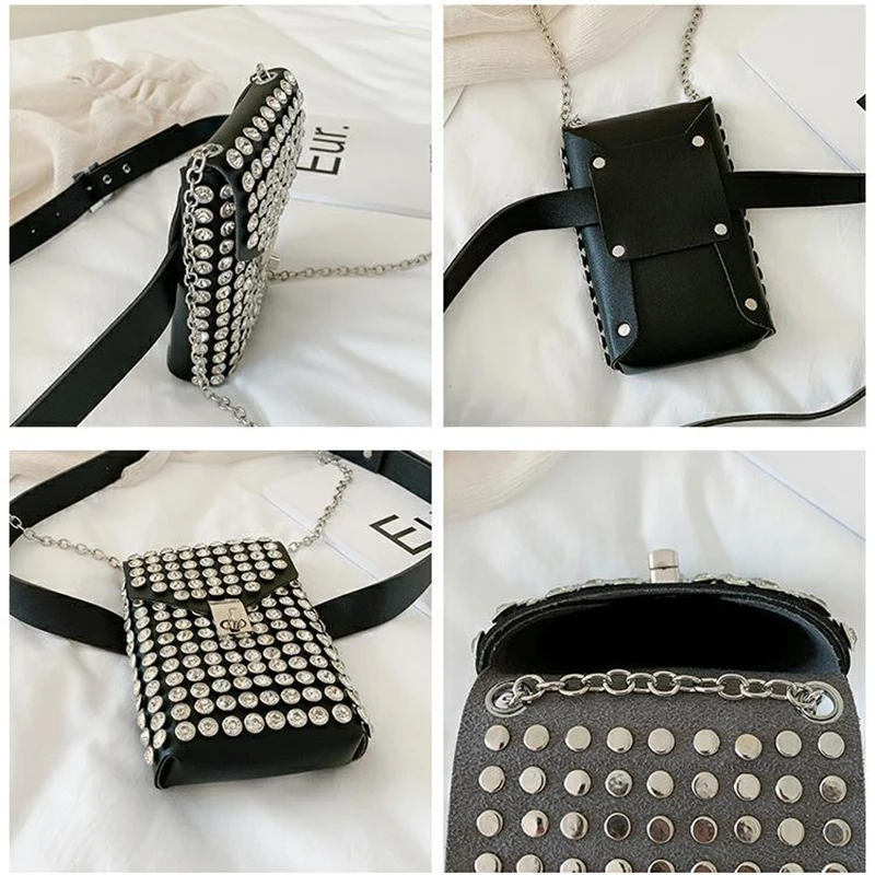 New Rhinestone Shoulder Bags Women mini Square Phone Prom Crossbody Messenger Bag Casual Black Pu Leather Diamonds Waist Wallets