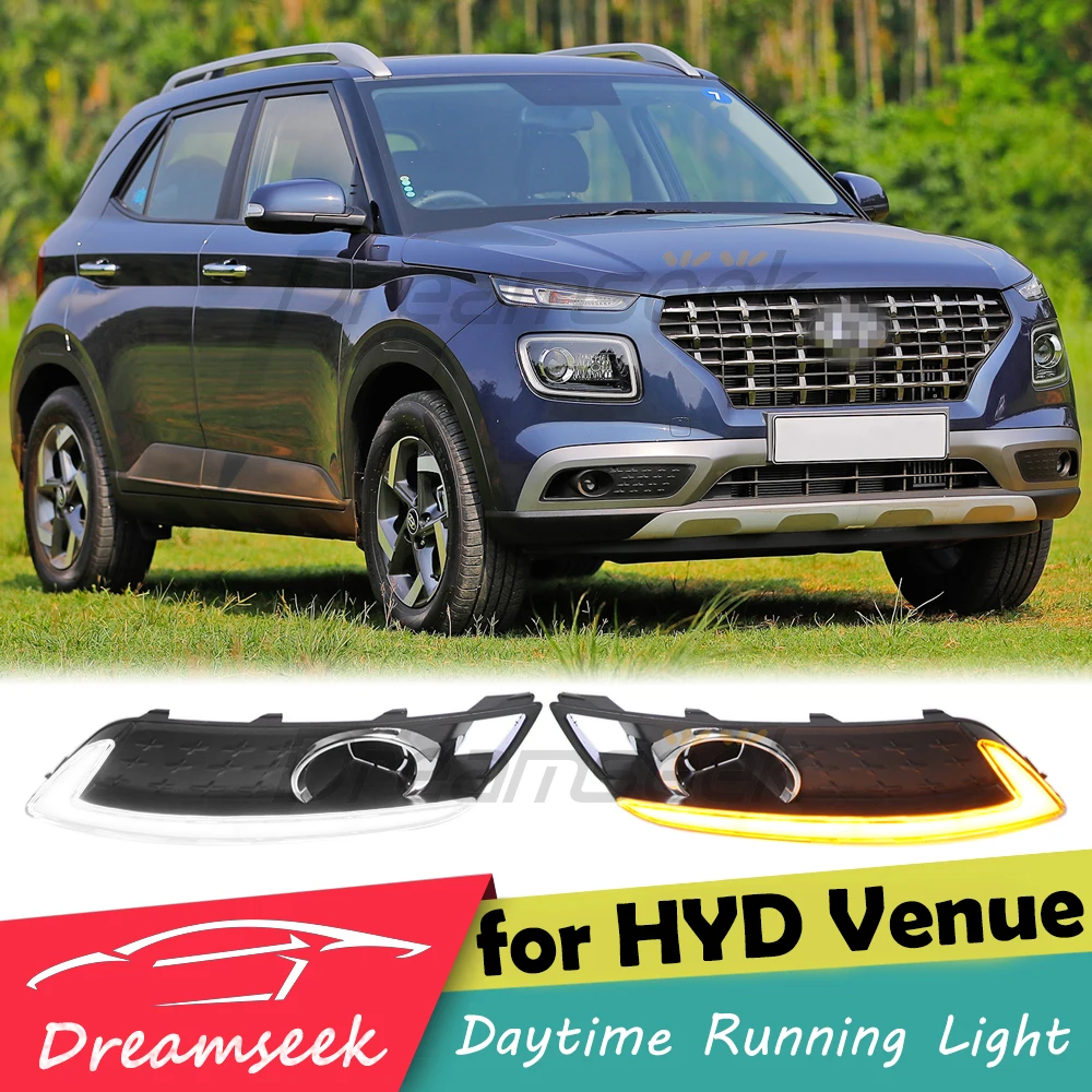 2 Color LED DRL Daytime Running Light For Hyundai Venue 2020 2021 2022 2023 Fog Lamp With Yellow Dynamic Sequential Turn