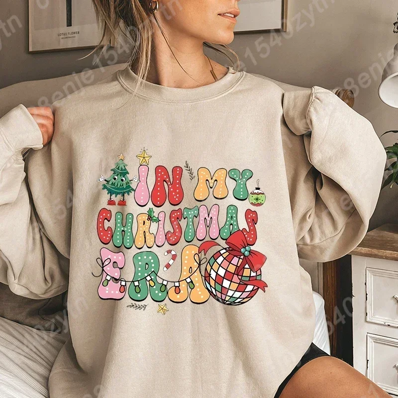 Festive Christmas Print Women's Sweatshirts, In My Christmas Era Sweatshirt, Long Sleeves, Casual Style, Christmas Pullovers