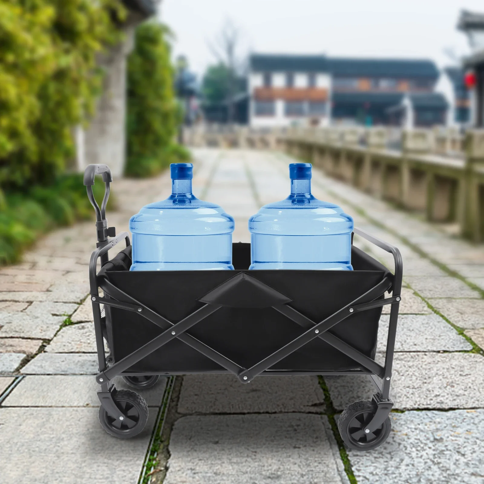 Small 5'' Rubber Wheel Folding Cart Camping Trolley Big Wheels Beach Trolley Cart W/ Adjustable Handle & Drink Holders