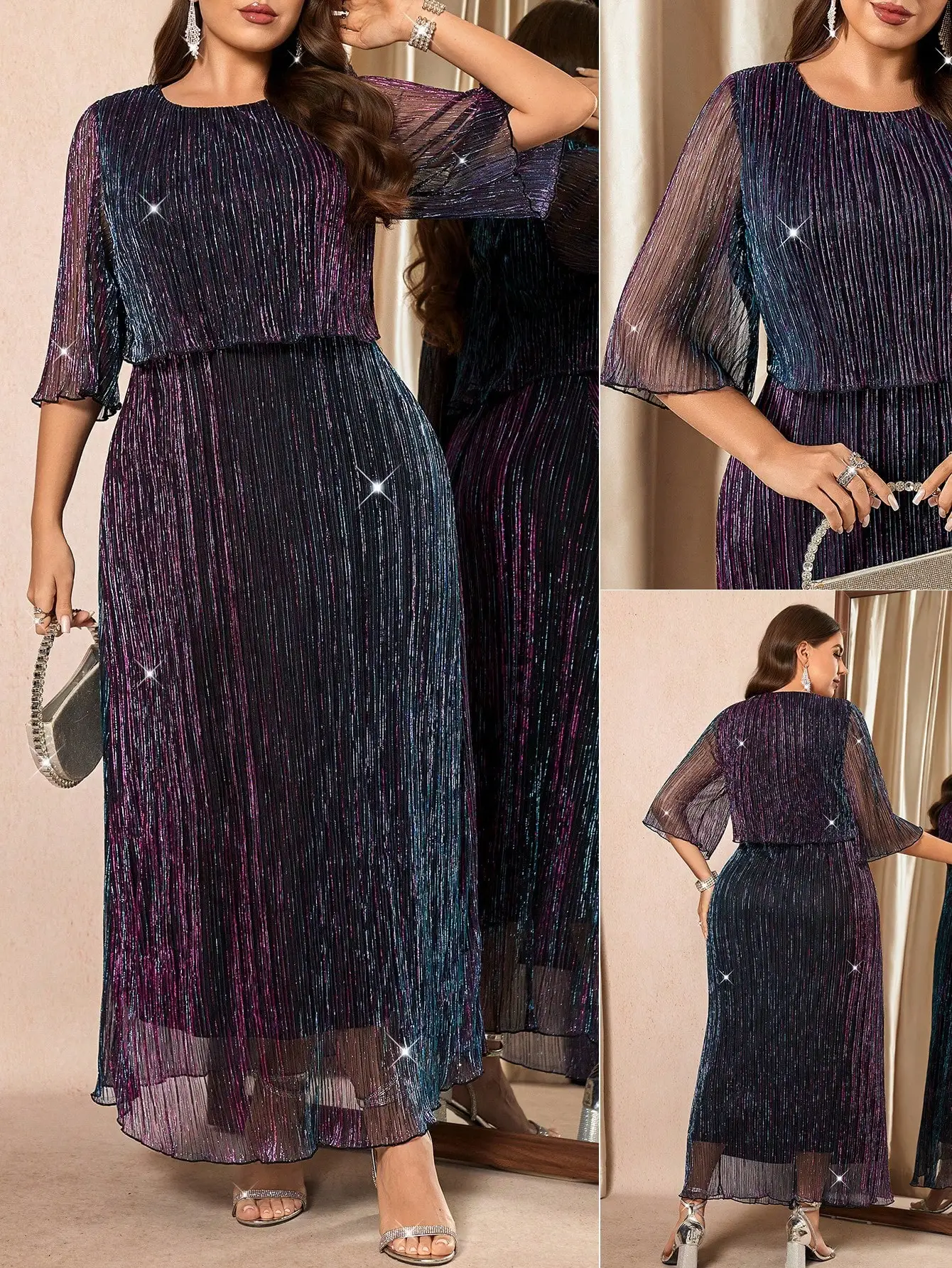 

Блестящее плиссированное макси-платье больших размеров с прозрачными расклешенными рукавами для вечерних мероприятий