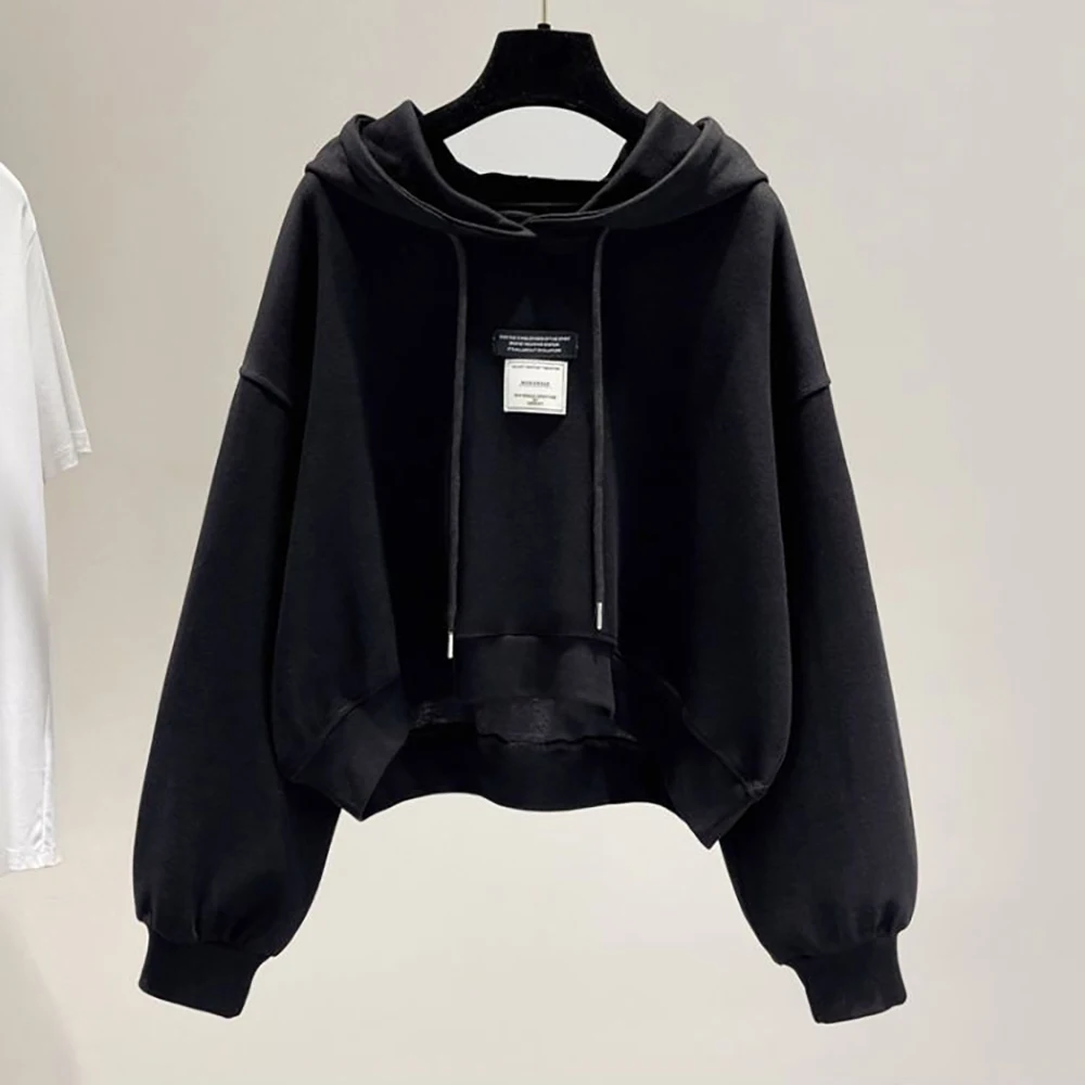 Women Casual Short Hooded Pullovers Spring Autumn Thin Drawstring Drop Sleeve Hoodies Loose All-Match Sweatshirts Top for 18-24Y
