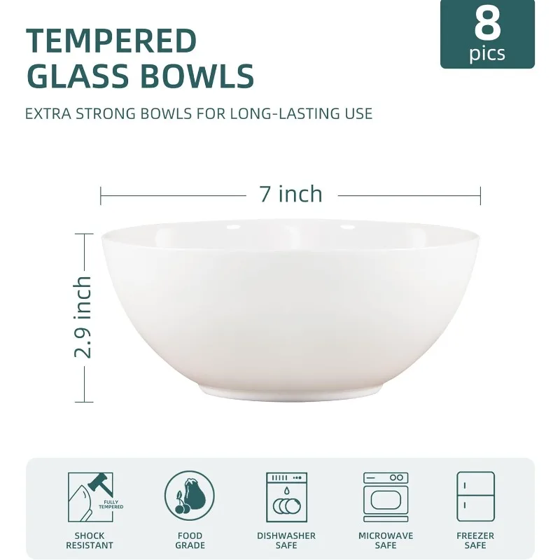 Soup Bowls Set of 8, Tempered Glass White Cereal Bowls, 34 OZ Round Dish Set, Microwave & Dishwasher Safe Glass Bowl Set