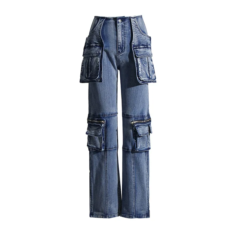 ZAMOR HIGH STREET Women Cross Border Trade Straight Leg Jeans 2026 Spring New Design Big Pocket Splicing Slim Fit Long Denim Pan