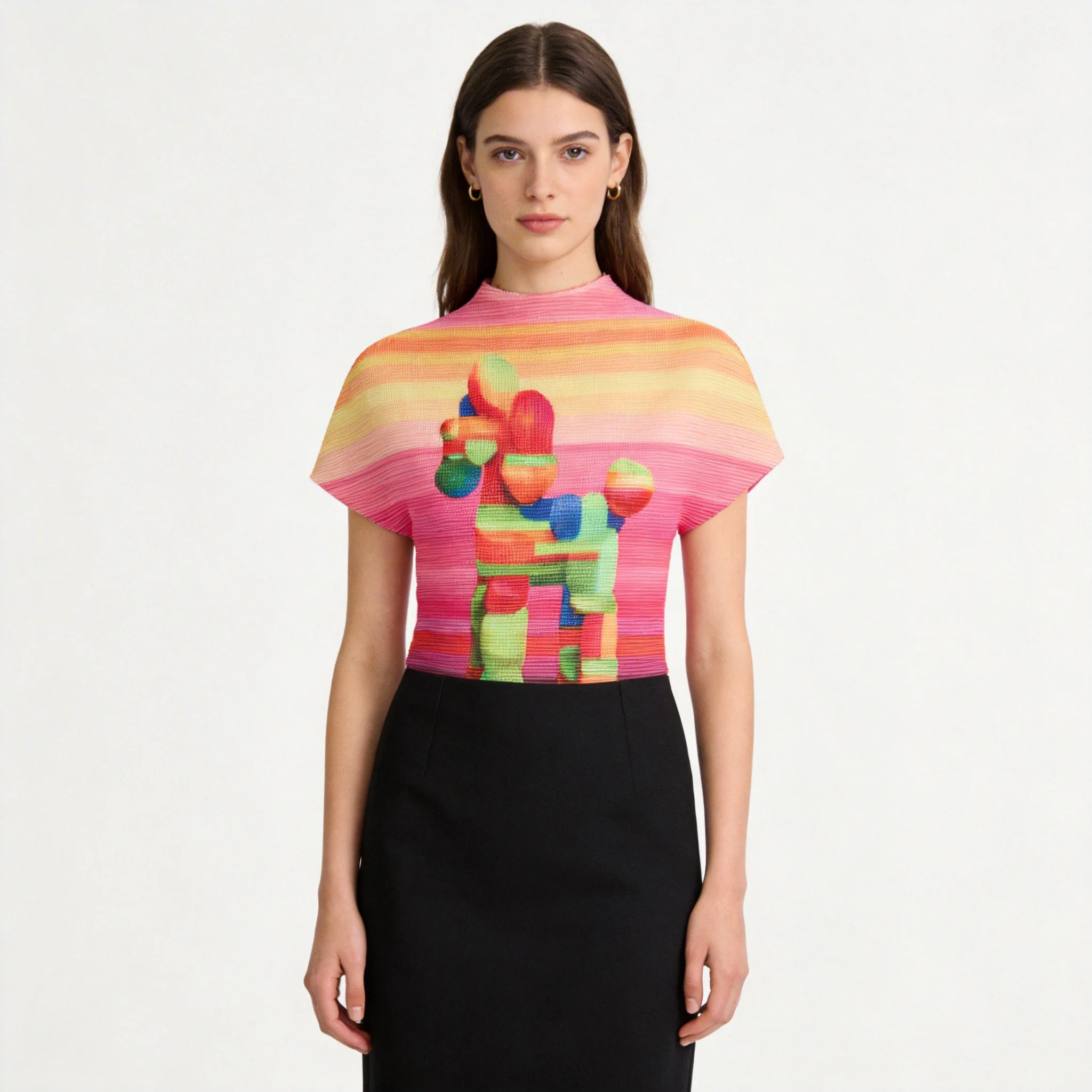 

Miyake Women's Cornfold Tight Printed T-Shirt Thin Pullover Half Turtle Neck Short Sleeve Fashion Women's 2026 Summer Tops