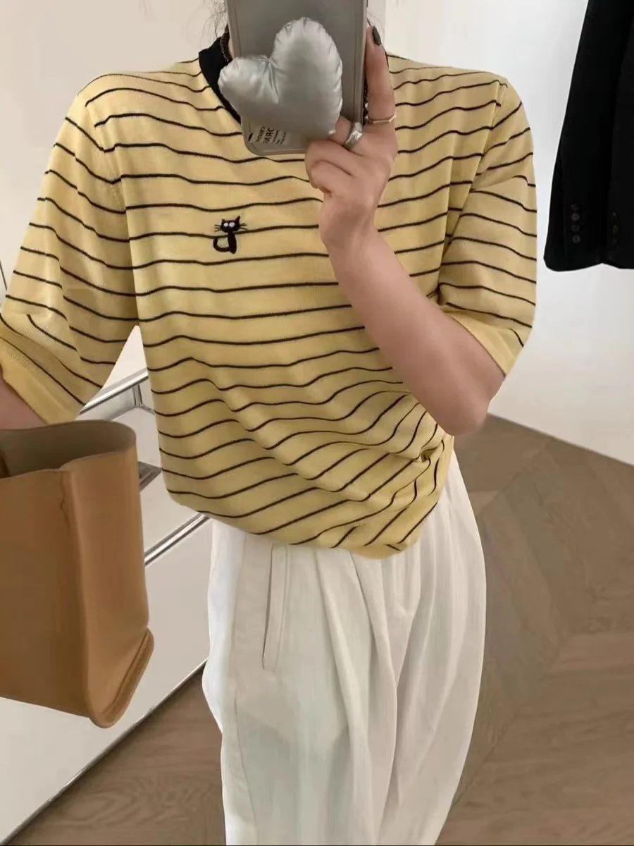 

High-grade cat ice silk striped short-sleeved sweater T-shirt top women loose 2024 summer new