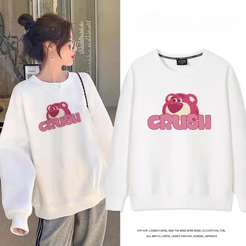 Otoño e Invierno de alta calidad con estampado de oso de fresa suéter de cuello redondo lindo para mujer 2025 nueva pareja suelta deportes Top ropa escolar