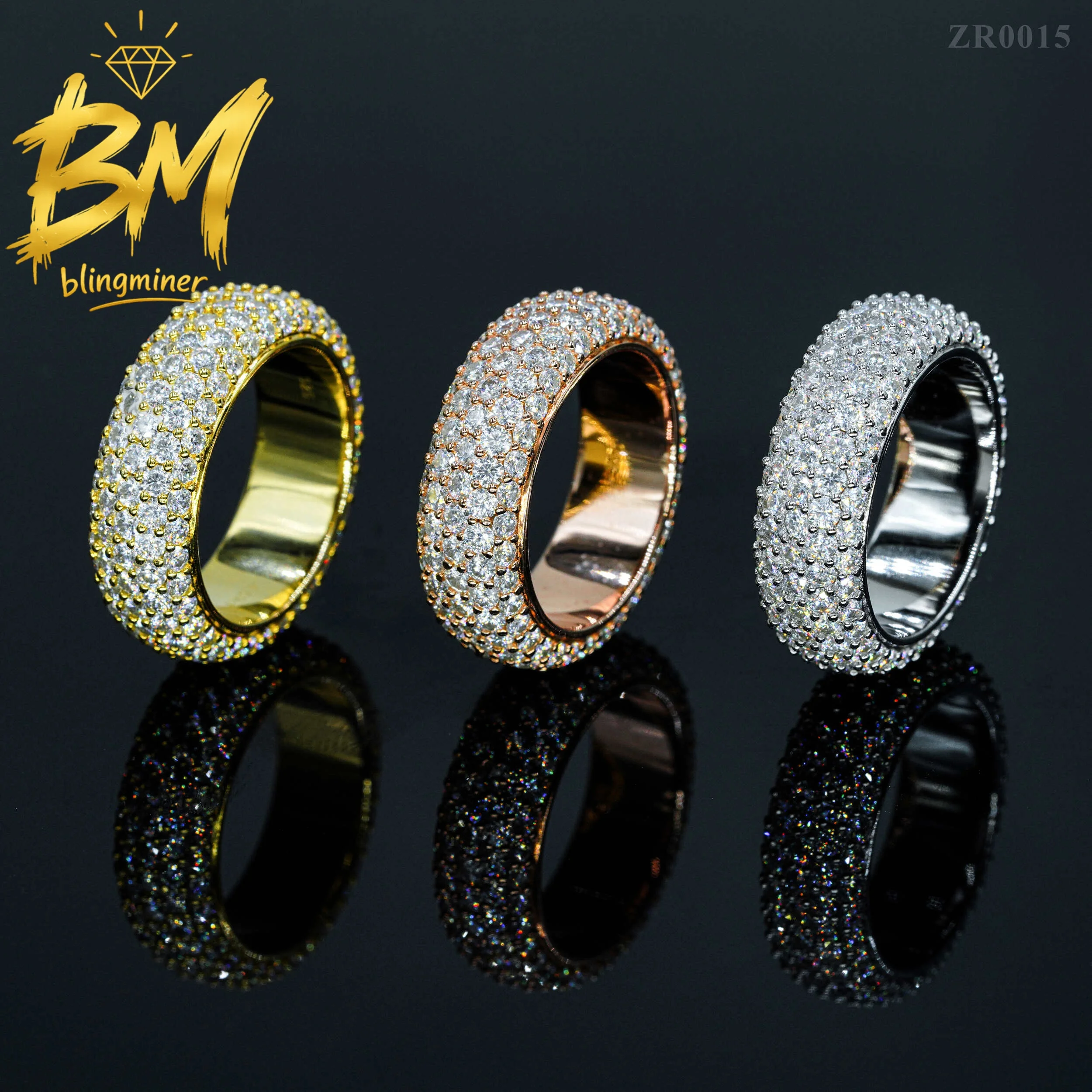 Blingminer 5 Rows Round VVS Moissanite Rings For Men Women S925 Silver Finger Jewelry Pass Diamonds Tester Free Shipping