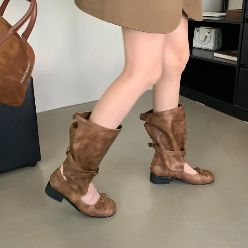 Grey Ankle Boots For Women Low Heels Summer Ballet Shoes Retro Bow Round Toe Belt Buckle High Heels Botas Mujer 2025