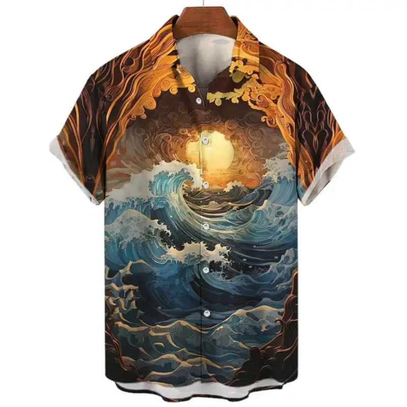 Hawaiian Shirt For Men Summer Loose Lapel Button-Down Shirts Sunset And Waves Graphic Short-Sleeved Printed T-Shirt Men's Shirts