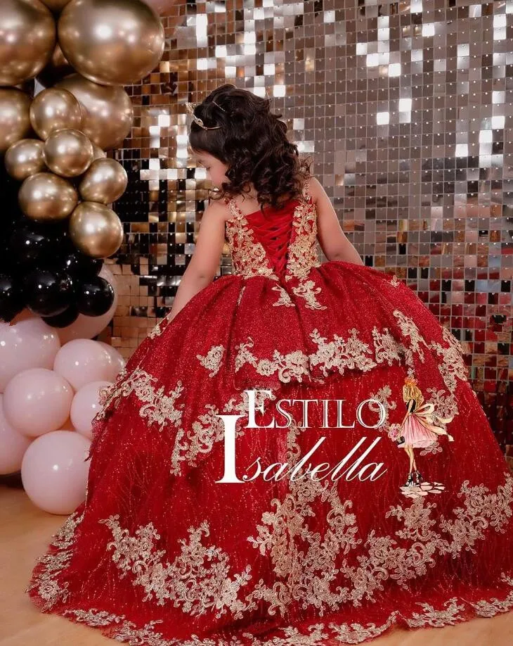 Wine Red Sparkly Mini Quinceanera Dress for Girls Gillter Skirt Applique Lace-up Little Pricess Flower Girl Dresses