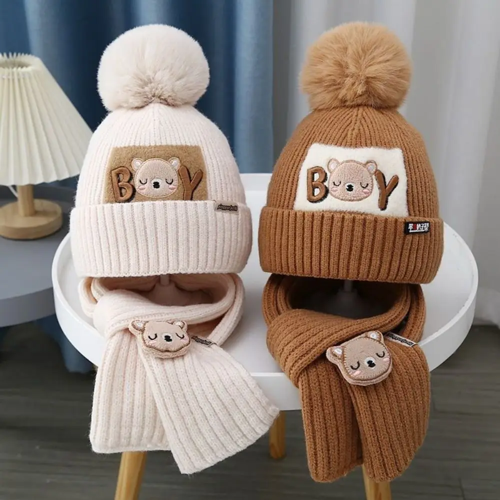 2Pcs/Set Winter Cute Children Hat Scarf Set Pompom Warm Kids Beanie Caps Woolen Cartoon Bear Neck Warmer for Kids Boys Girls