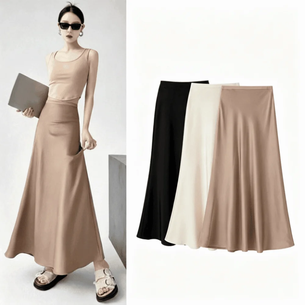 Solid Color Satin Skirt Slim Fit Flowy Fabric Midi Skirt Acetic Acid Satin Hip Hugging Design Fishing Tail Skirt Spring Summer