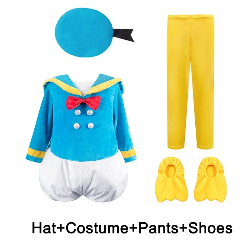 Fato de Cosplay infantil com chapéu e sapatos, pato, azul, pato, roxo, margarida, festa de Halloween