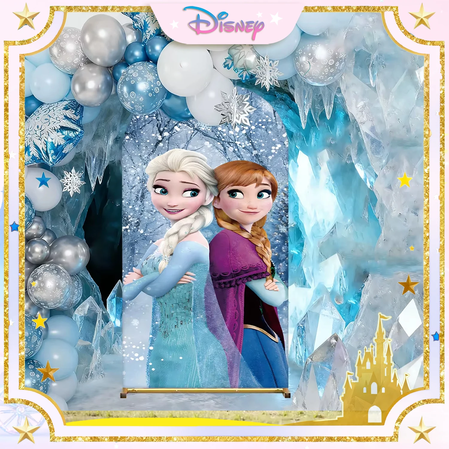 

Disney Snow Princess Elsa Anna Birthday Party Background Decoration Balloon Arch Frozen Castle Baby Shower Portrait Background