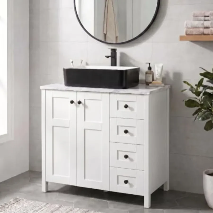 White Bathroom Vanity with Engineered Wood Marble Texture Top and 4 Drawers, Traditional Standing Pedestal Cabinet for Modern B