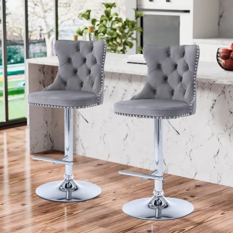 Ensemble tabourets bar réglables avec tête  clou, tabouret de comptoir touffeté en velours, chaises bar modernes avec piste