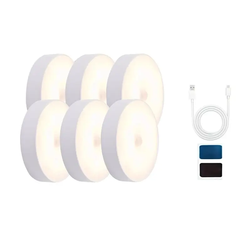 [NEWA64Z!】 Round Wall Lamps 6Pcs Motion Sensor Night Light USB Rechargeable Under Cabinet Lighting For Hallways For Bedside Stai