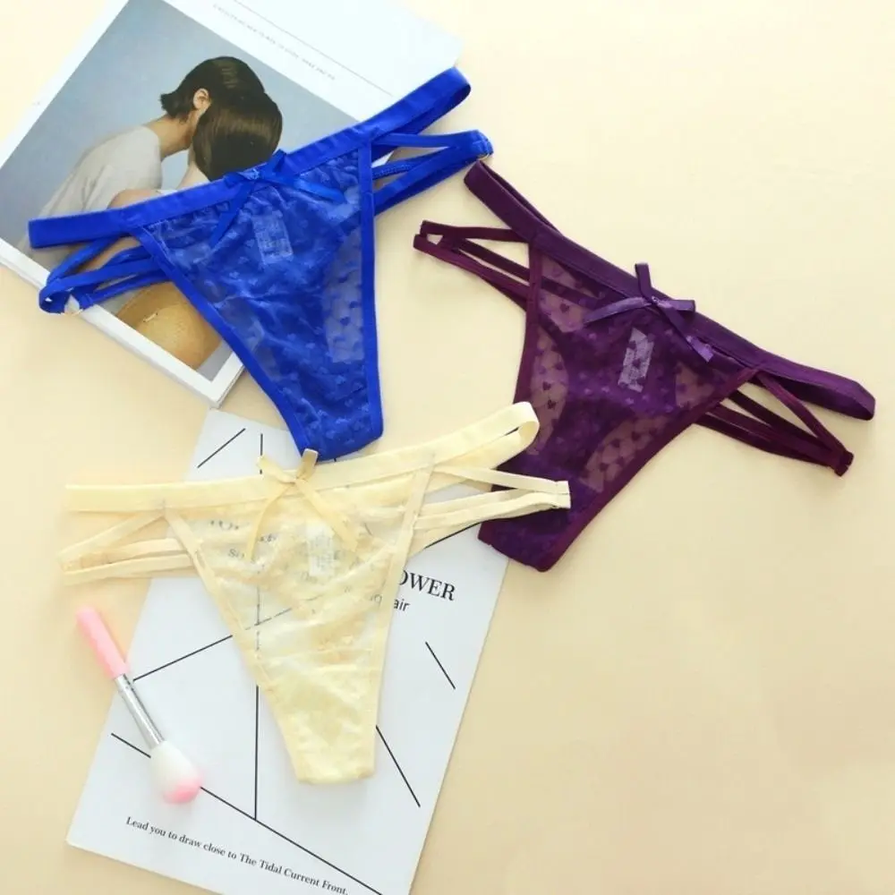 

Sweet Cotton Crotch Mesh Love Heart Thongs Traceless Solid Color Bikini Briefs Underpants Low Waist T-back Panties Daily Wear