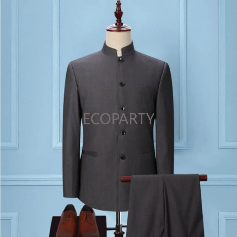 New Men Stand Mandarin Collar Mao Suit Slim Marriage Groom Best Man Suit Chinese-Style Dress Zhongshan Suits