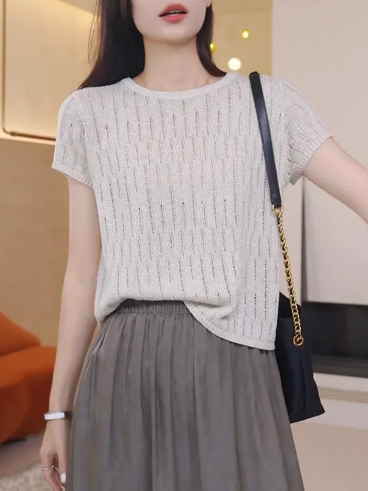

Ladies' New Style Hollow out Ice Silk Short Sleeve Knitted Top Thin round Neck Casual Fashionable Summer Leisure Pullover