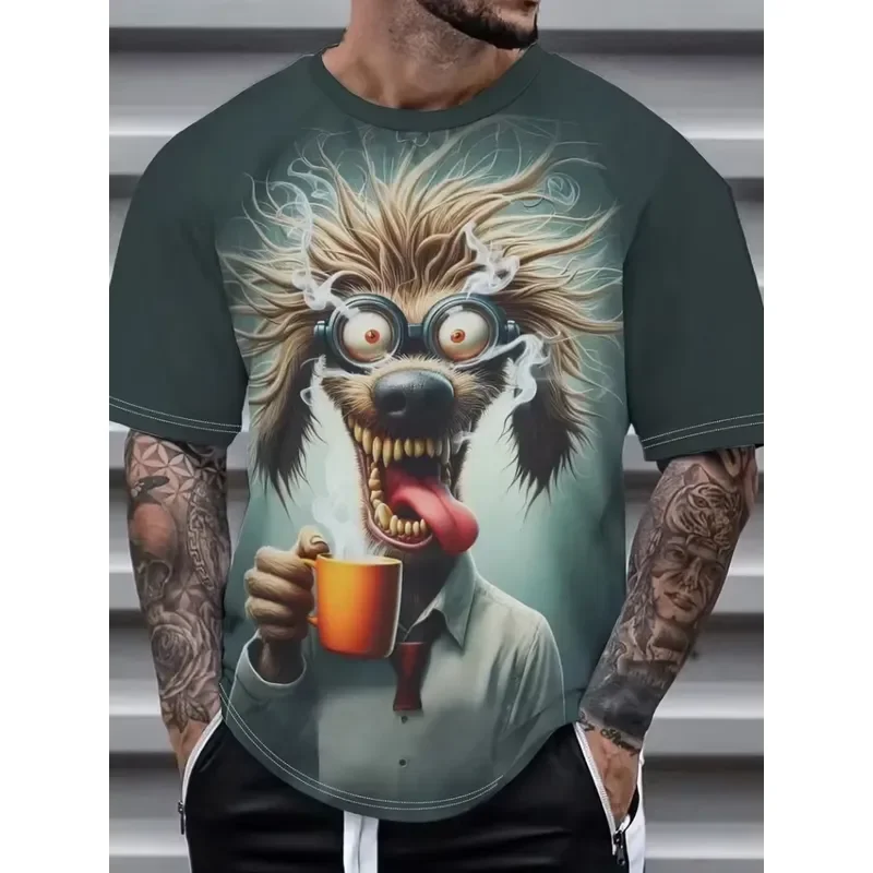 2026 Summer 3D Animal Print T Shirt Men Oversized Short Sleeve Tee Cute Outdoor Fashion Round Neck Top Casual Streetwear