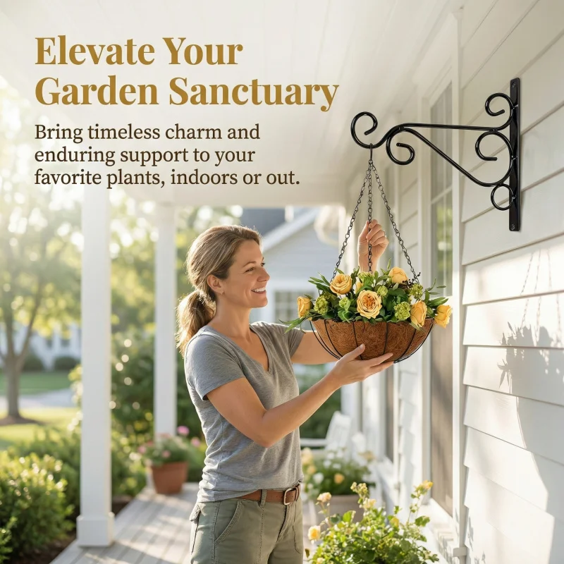Wall-Mounted Iron Flower Pot Rack for 2-4 Individual Hanging Baskets Green Plant & Succulent Bracket for Balcony Decor