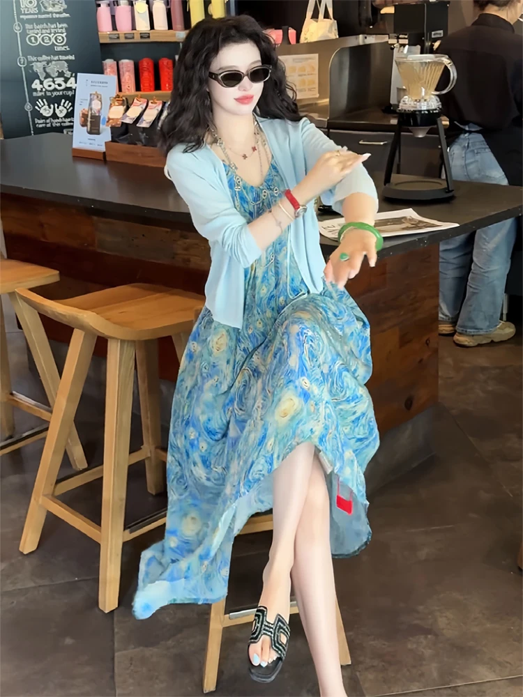 

Elegant Blue Floral Print Sundress Set Women's Long Sleeve Cardigan Two-Piece Suit Breathable Lightweight Autumn Fashion