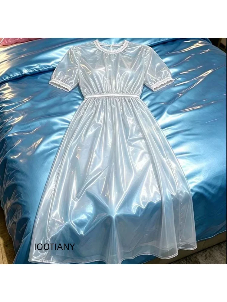 Glänzendes, transparentes PVC-Midi-Kleid für Damen, elegantes Design, kurze Puffärmel, elastischer Bund, fließendes, langes Kleid, ideal für Raves, Cosplay und als Clubbekleidung. – Detail 12