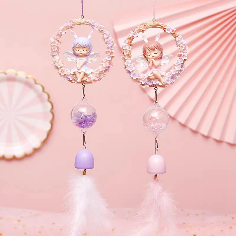 Resin Flower Angel Wind Chimes Car Hanging Ornament Little Girl Feather Figurine Home Garden Decoration Garland