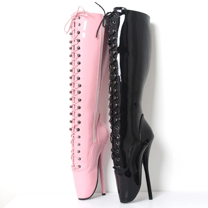 

2023 Women Knee High Ballet Boots,Fetish Dance Shoes,18cm Heel,Men Cosplay Botas,Front Lace-up,Black,36-46,Customized Colors