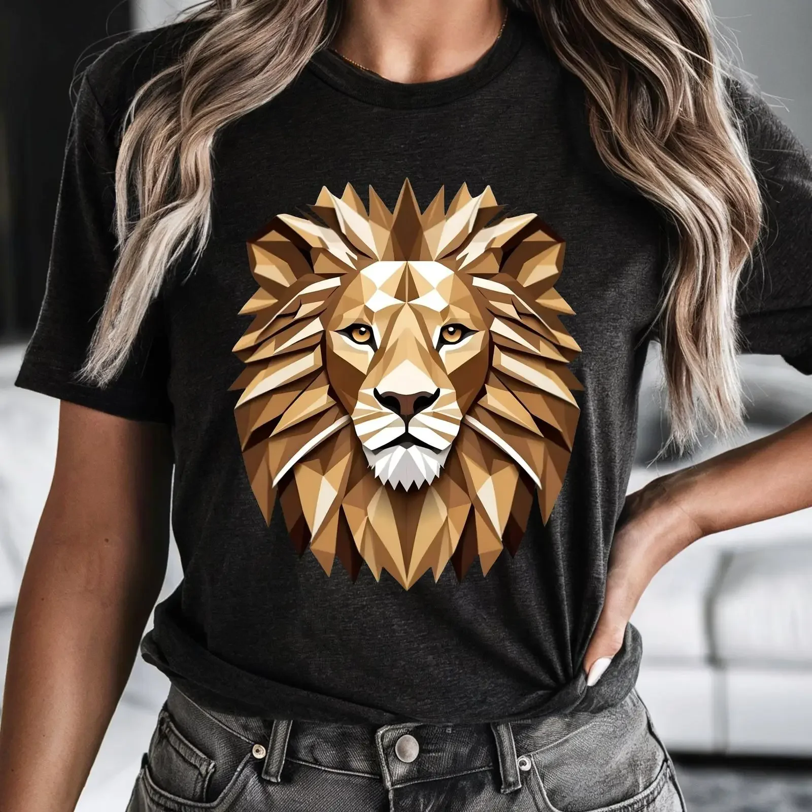 Geometric Lion T Shirt Polygonal Wildlife  vintage Washed Stretched designer clothes Casual homme Slightly Stylish graphic Soft