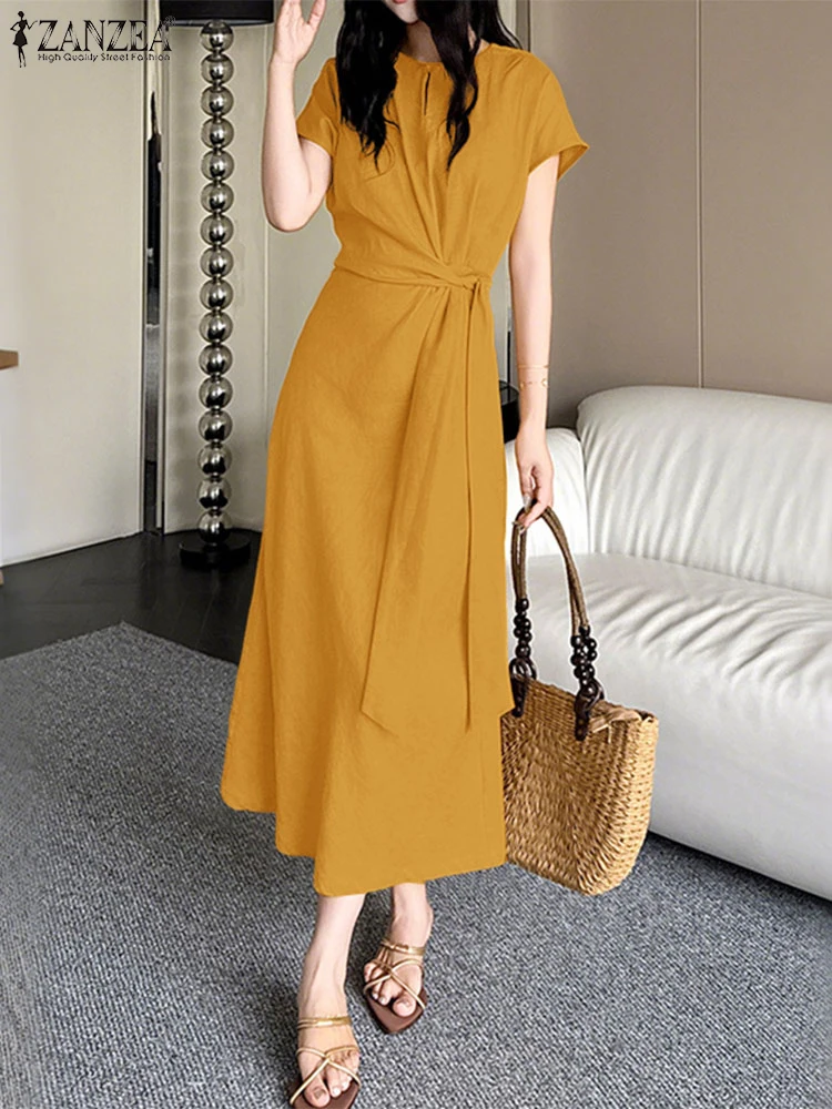 ZANZEA Letnie Sukienki Koszulowe Damskie Długa Sukienka Letnia z Bandżem Twist 2025 Elegancka Krótki Rękaw Dekolt O-Neck Codzienna Midi Vestidos Koreańska Szata