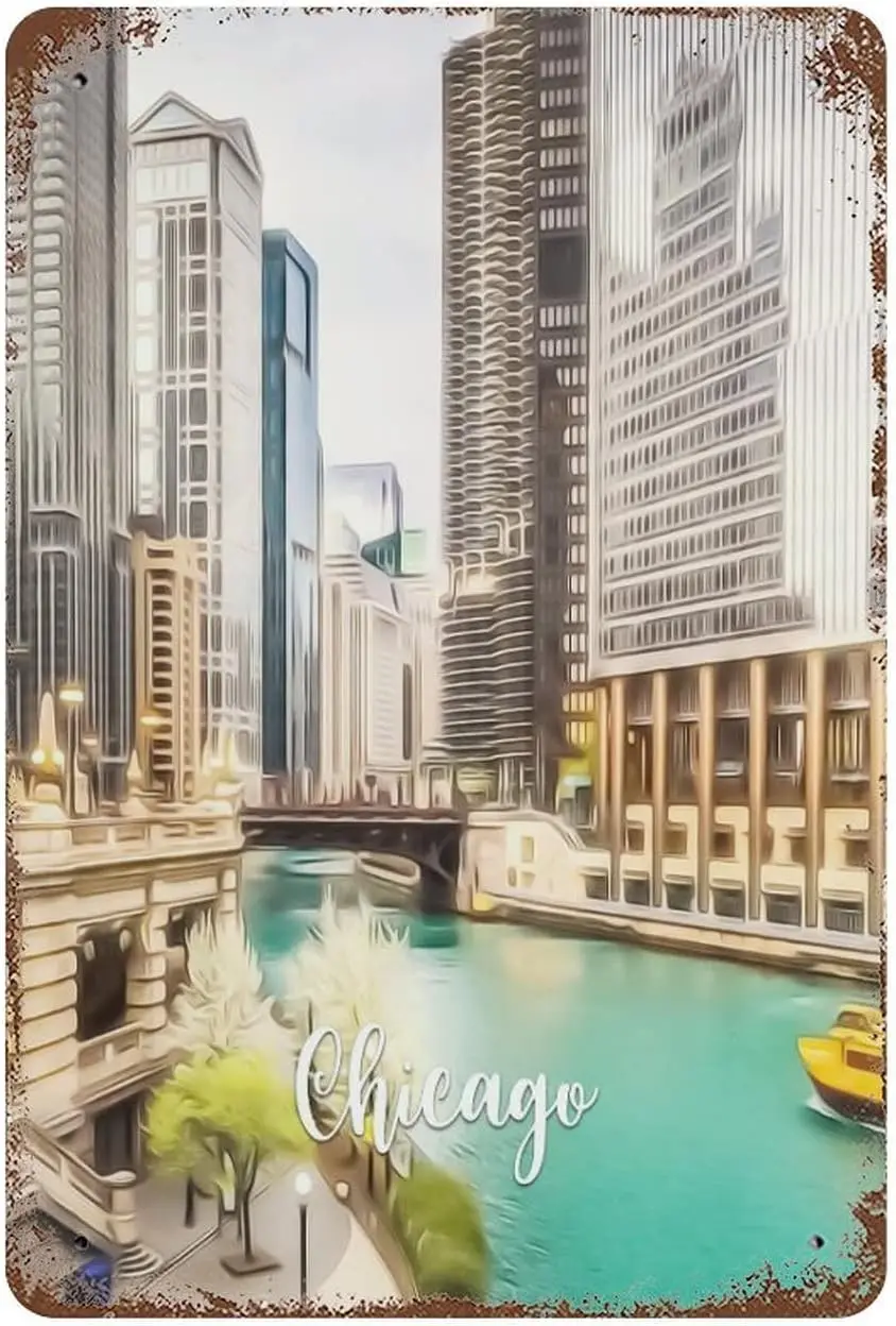 Décor de chambre à coucher pour mur, scène de ville de Chicago, 18 panneaux en métal, oeuvre de paysage, moderne et vintage, 8x12 pouces, homme diversification, décembre