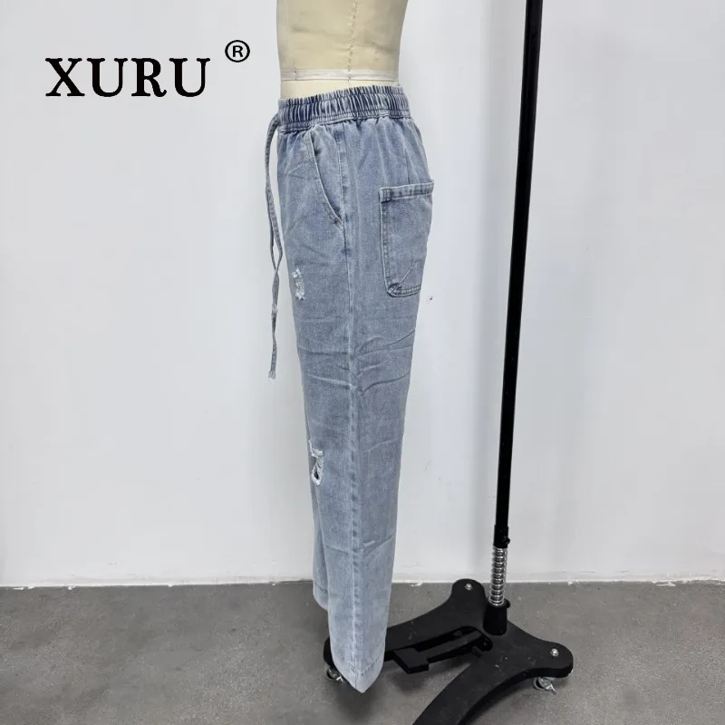 XURU - New Women's Perforated Slim Fit Jeans, Y2k Clothes Fashionable and Personalized Elastic Waist Long Jeans, Men's Pants