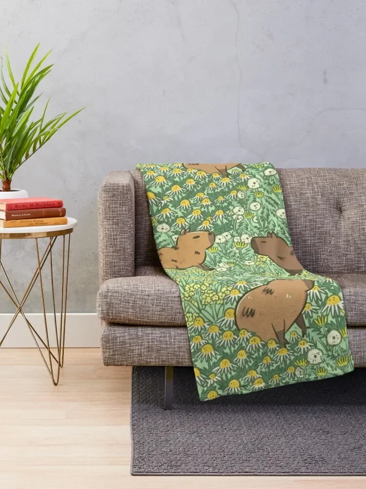 Capybaras Meadow in Green and Yellow Throw Blanket Camping Decoratives Picnic Winter beds Blankets