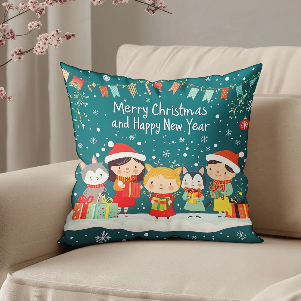 Square Throw Pillow Case Teal Merry Christmas And Happy New Year Text With Cute Kids Cats Holding Gifts Snowflakes Bunting Patte