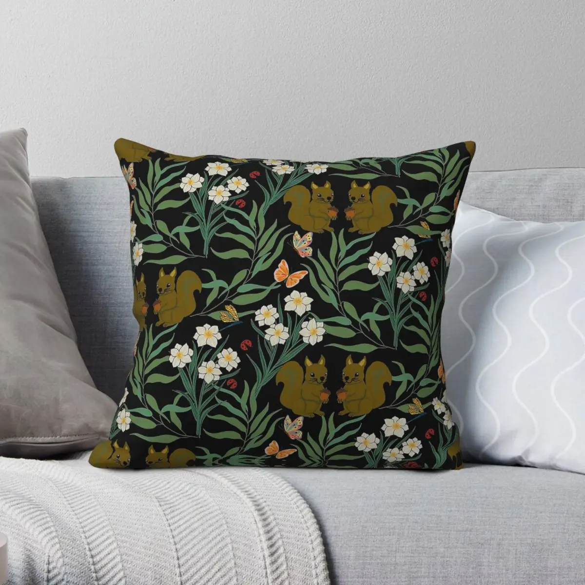 Wildflower Squirrel Butterfly Dragonfly Square Pillowcase Polyester Linen Velvet Creative Zip Pillow Case Sofa Cover Wholesale