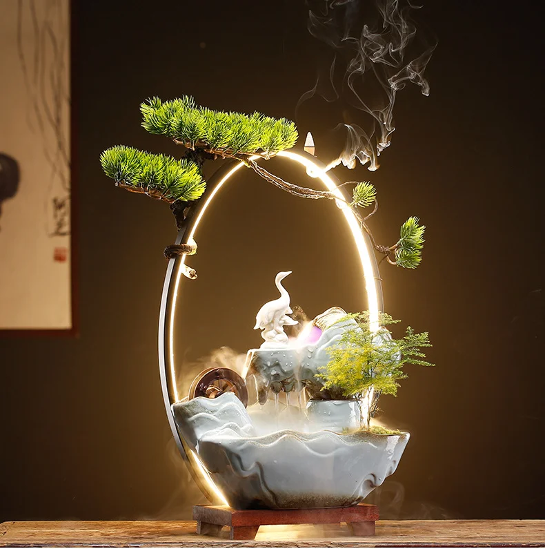Lucky Flowing Water Rockery Fountain Ceramic Ornaments Creative Feng Shui Luminous Home Living Room Desktop