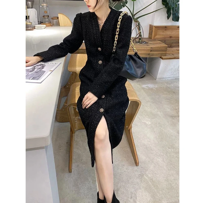 Women Hepburn Style Luxury Chic Vintage Single Breasted Woolen Dresses Office Lady Elegant V Neck Long Sleeve Slim Dress Vestido