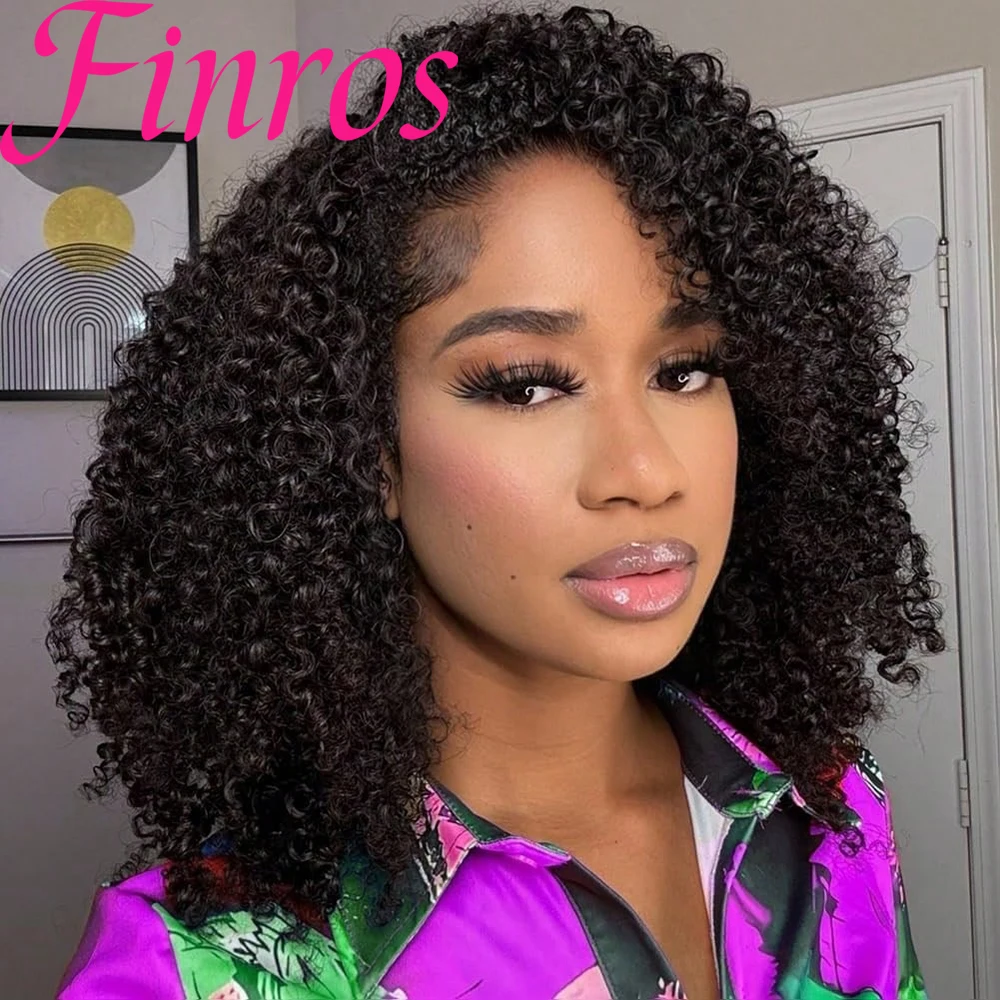 

Finros Curly Half Wig Human Hair Seamless Kinky Curly 3 In 1 Half Wig Glueless Heandband Clip In Wig No Sew In Black Color