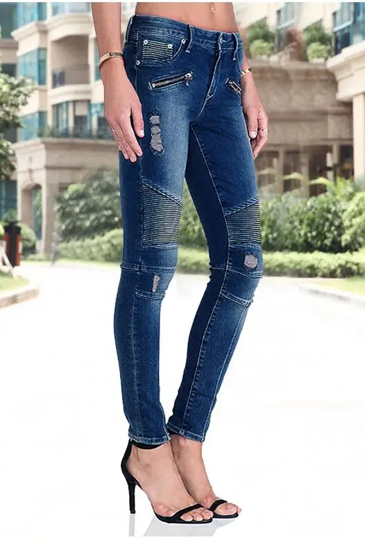 Imagem -05 - Jeans Plissado com Zíper Múltiplo de Motocicleta com Furos Calça Lápis Magro Feminina Cintura Elástica Estilo Jeans