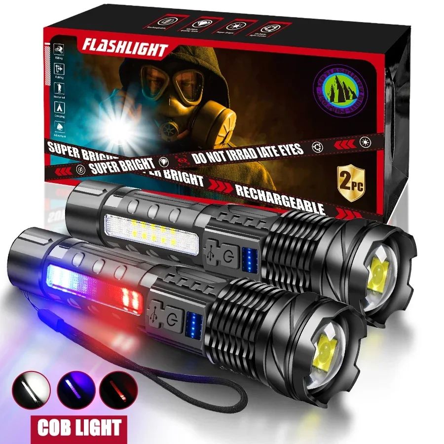 

2PCS LED Flashlight Rechargeable Torch High Power Strong Light Flashlight Long Range Tactical Zoom Lamp Outdoor Camping Lantern