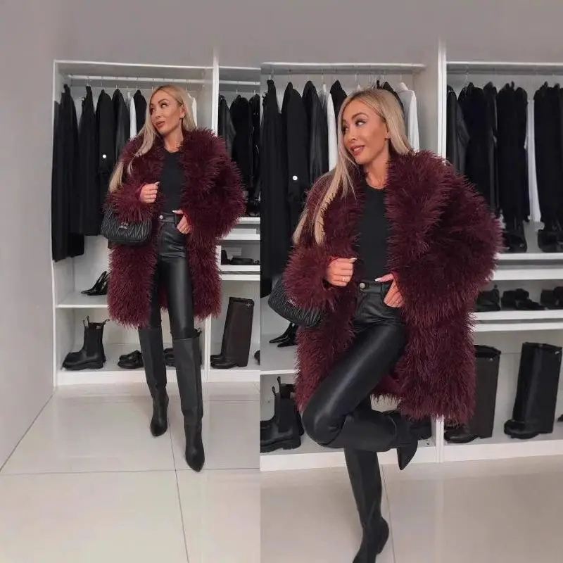 

Faionable Artificial Fur Teddy Coat Women's Autumn Winter Outerwear Cross-Border Long Sve Collar Coat with Hat