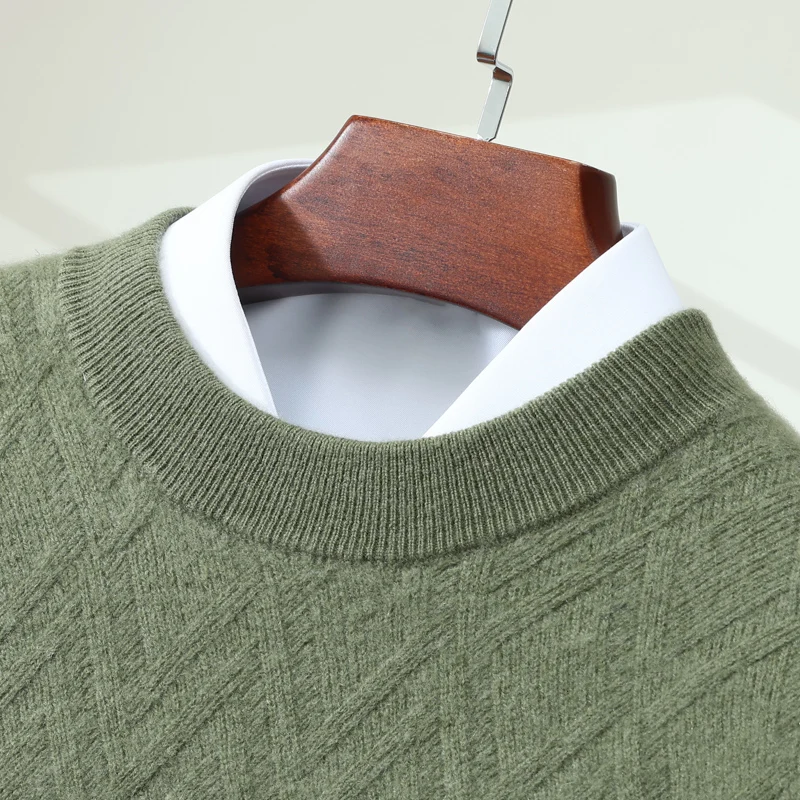 Men's 100% Cashmere Sweater Autumn Winter Half-High Collar Woven Pattern Knitted Loose Casual Base Shirt