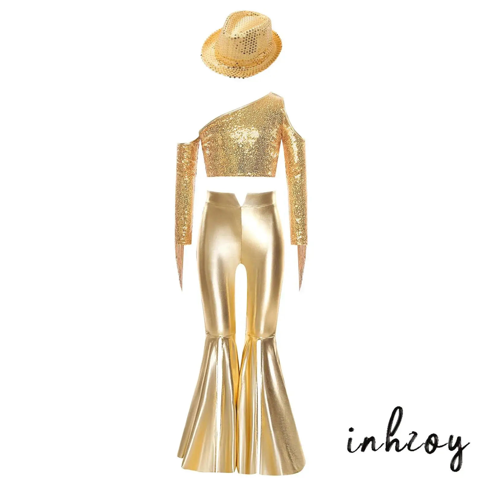 

Girls Radiant Pageant Stage Wear Long Sleeve Crop Top+Split Bell-Bottom Metallic Pants+Fedora Hat for Disco Cowgirl Jazz Dance