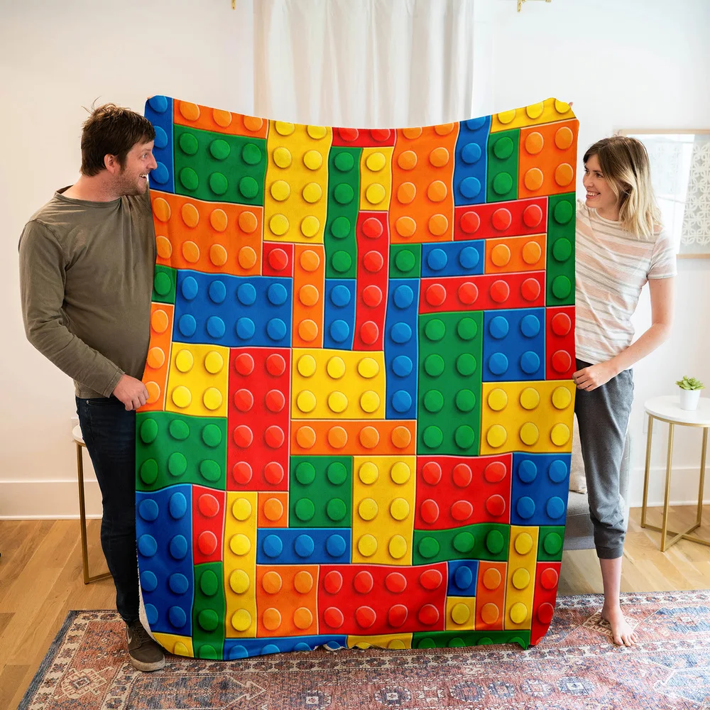 Toy Building Block Throw Blanket Vibrant Brick Tile Patchwork Print Soft Flannel for Kids Room Sofa Lap Playful Home Decor Gift