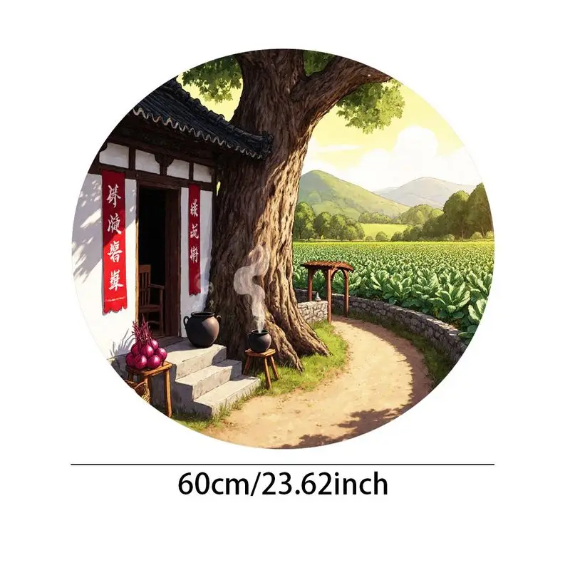 

Круглый ковер ручной работы, 60 см, винтажный живописный дизайн с домом и полями, идеально подходит для декора гостиной или спальни.